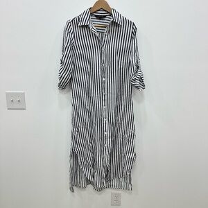 Charlie B Linen Shirt Dress Navy White striped women’s Sz Small Petite coastal